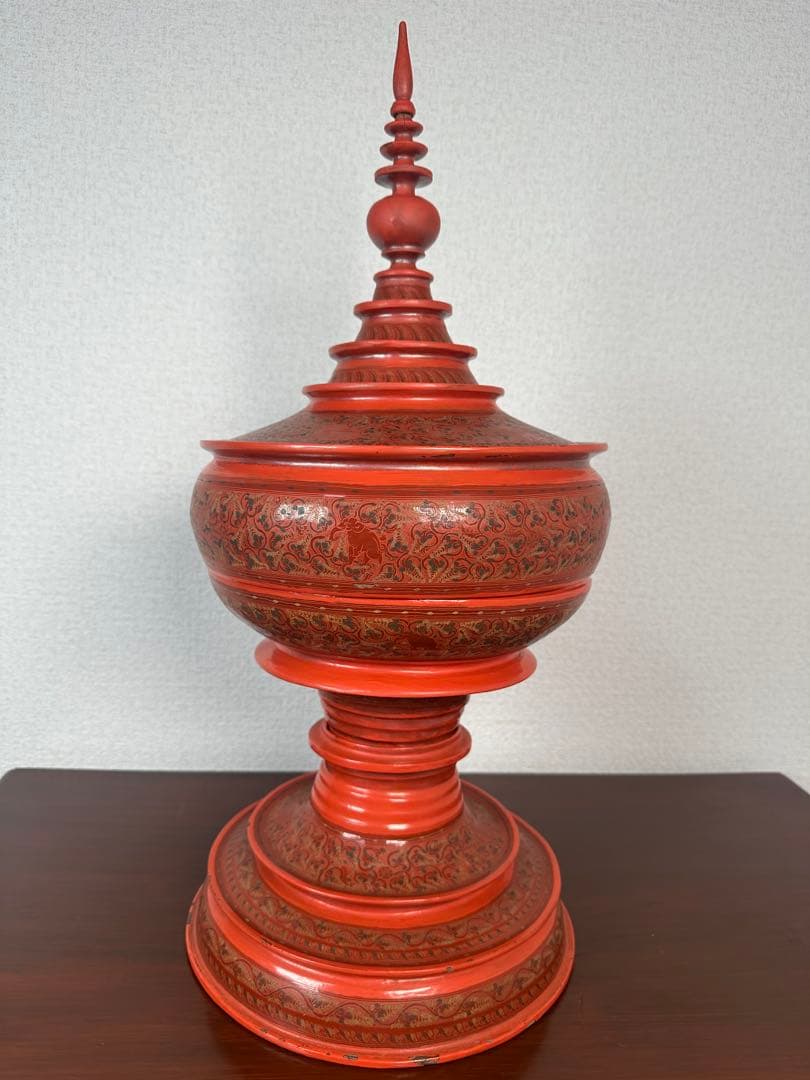 ミャンマー アンティーク 漆器 蒟醤 仏塔形 供物器 高さ約62cm ※31※