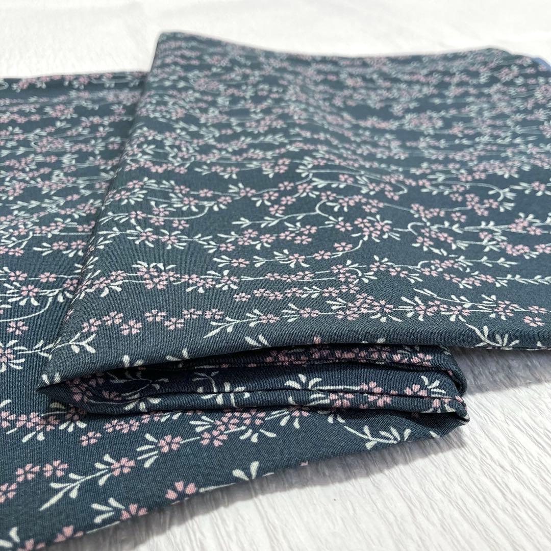 【美品✨】東レシルック　洗える着物　小紋　しだれ桜　小桜　藍鼠　日本製　幅広K3