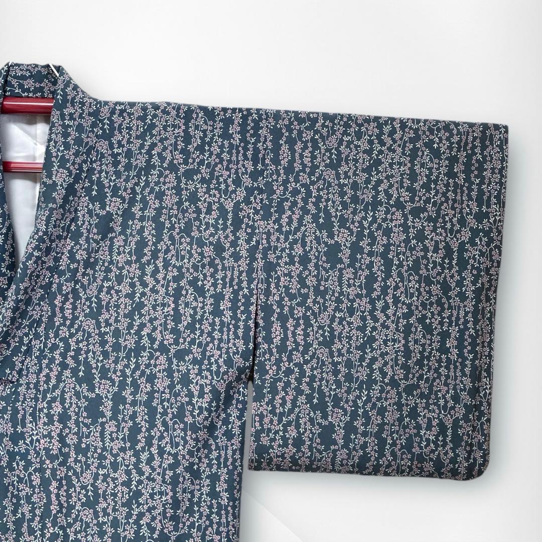 【美品✨】東レシルック　洗える着物　小紋　しだれ桜　小桜　藍鼠　日本製　幅広K3
