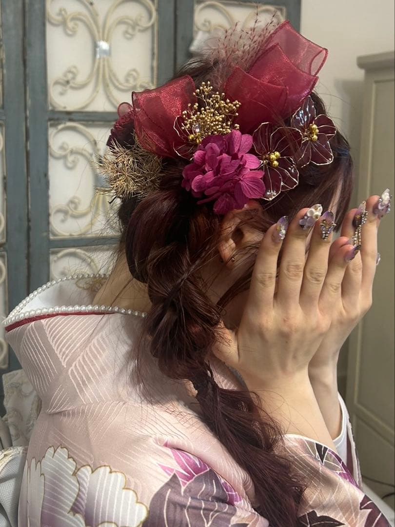 フルセット振袖 上品なくすみピンク白紫花柄 草履バック　髪飾り　正絹　牡丹