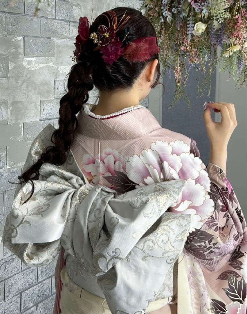 フルセット振袖 上品なくすみピンク白紫花柄 草履バック　髪飾り　正絹　牡丹