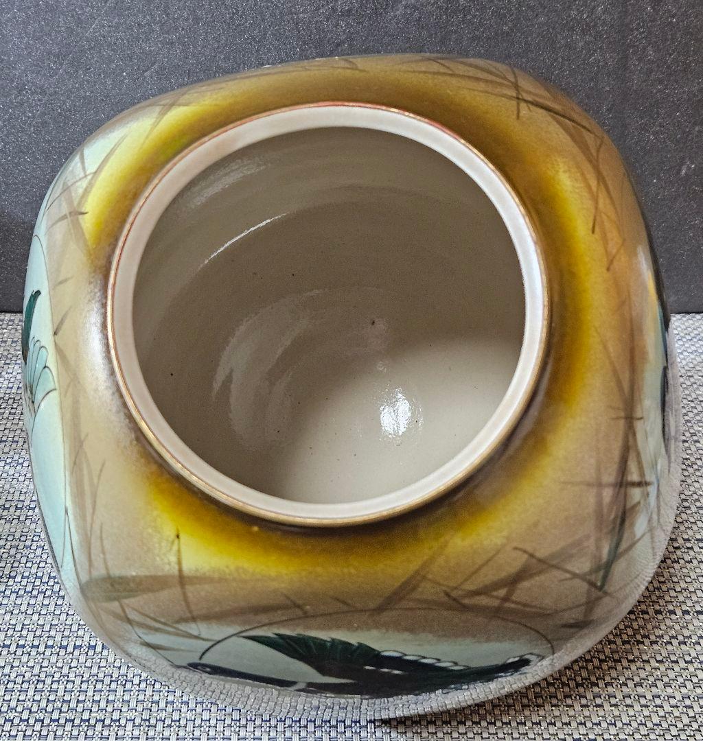 日展作家　九谷焼　吉田勝山 作　金彩色絵 面取り　鴨の図　花瓶　花入れ　共箱