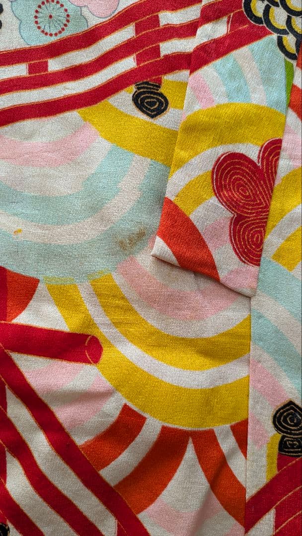 7歳　レトロ正絹白青海波菊　七五三　お着物・作り帯セット　アンティーク