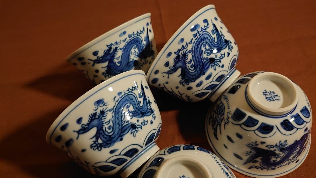 李朝　古伊万里　伊万里　白磁　染付　龍の図　蔵出し　５客