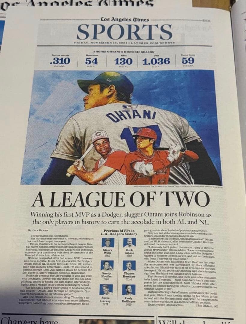 2024年11月22日付『ドジャース 大谷翔平 両リーグMVP記念号』