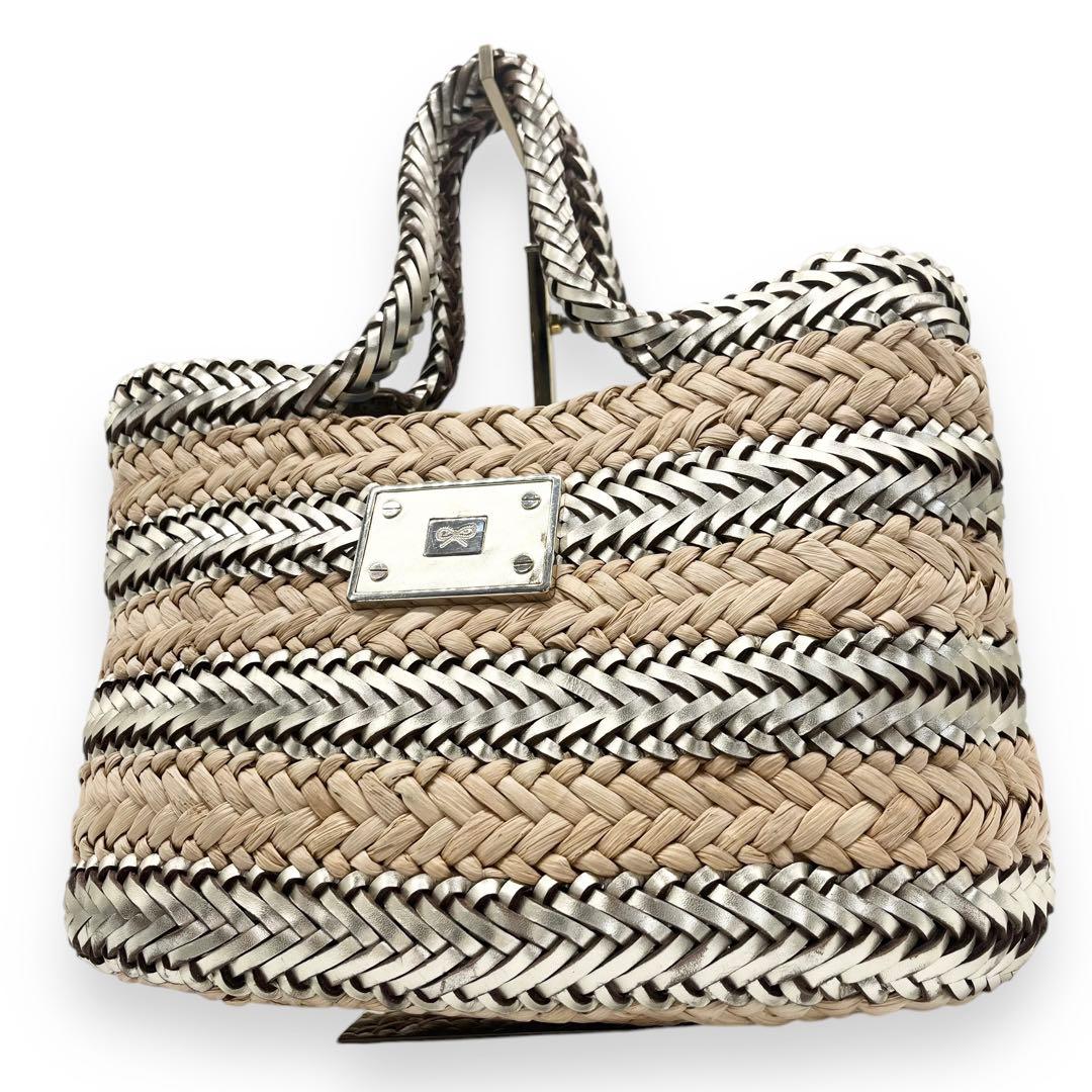 美品■アニヤハインドマーチ　かごバッグ　シルバー　リボン　レザープレート