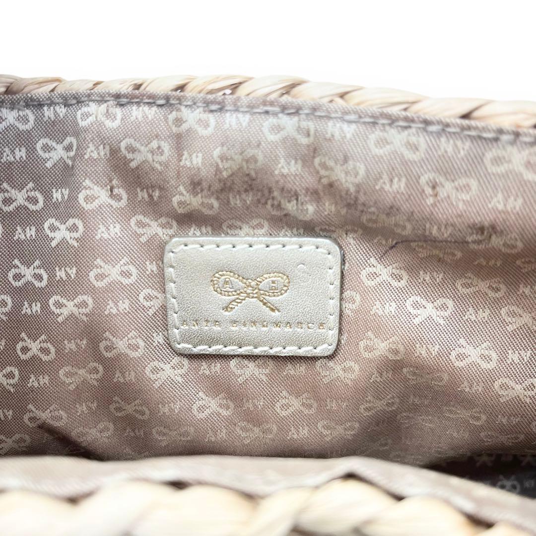 美品■アニヤハインドマーチ　かごバッグ　シルバー　リボン　レザープレート