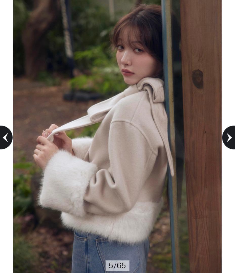 リランドチュール リボンネックファーリバーコート 薄ベージュ S