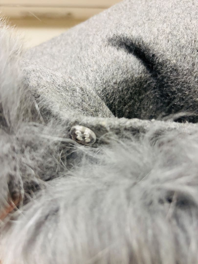 ストラップ&ファー付ウールフードハーフコート グレー