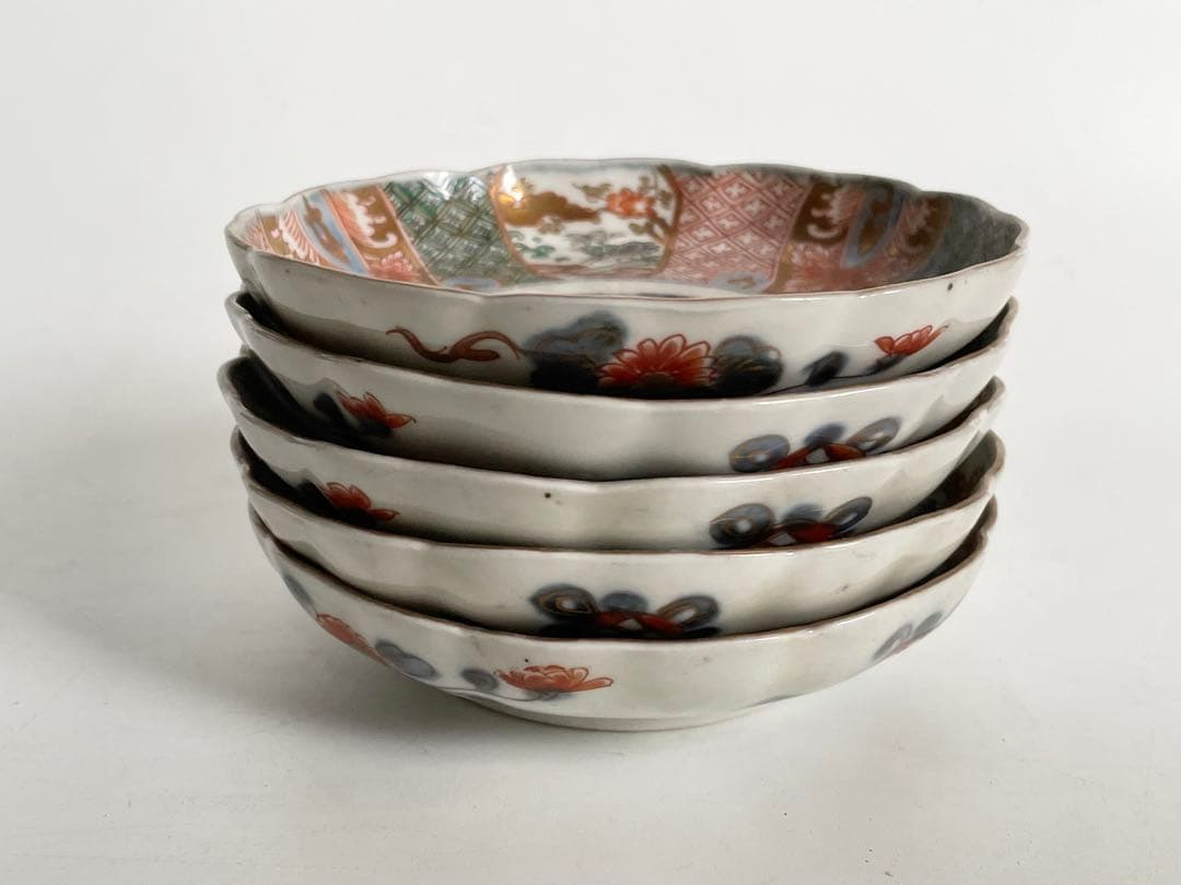 骨董　アンティーク　金襴手　輪花縁　小皿　稲穂文様　5枚