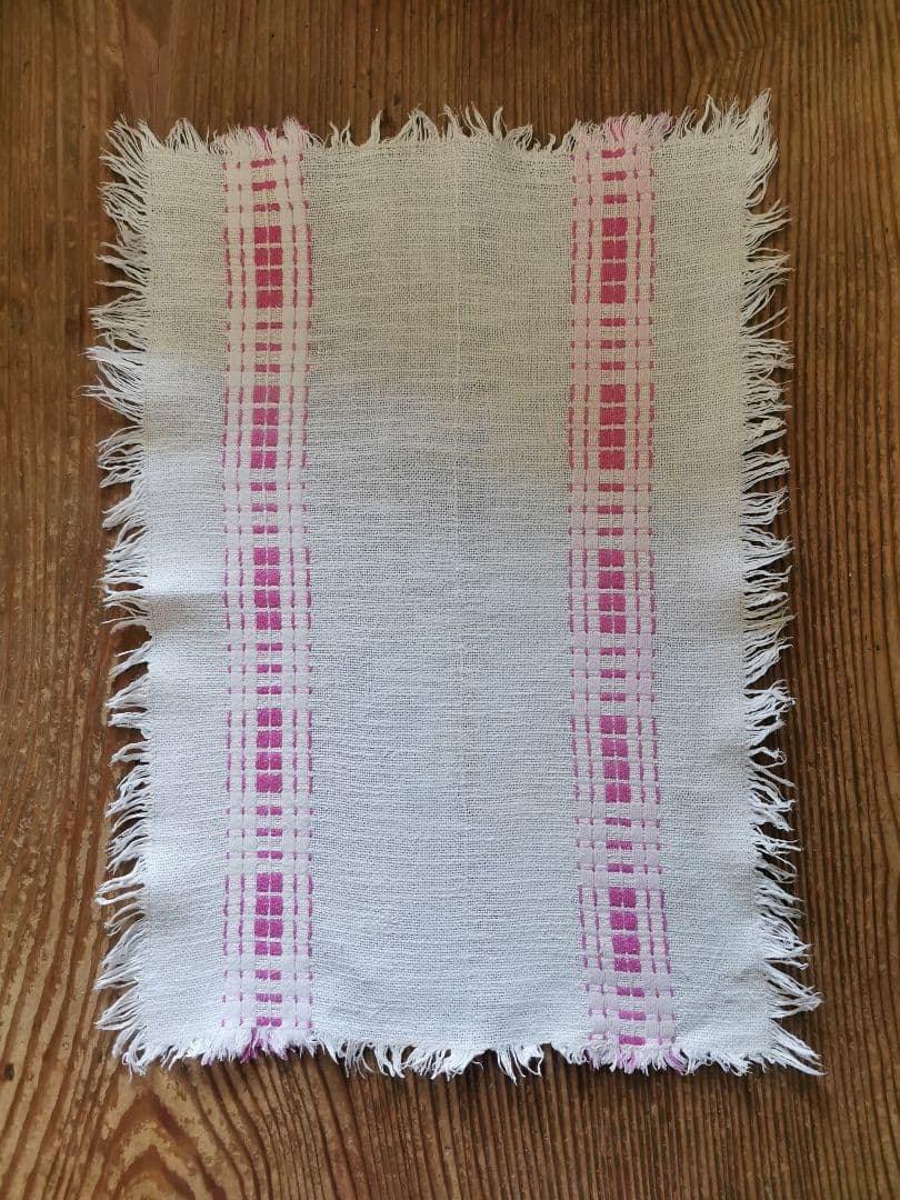 ヴィンテージ フランス ラズベリー桜ピンク織刺繍 プレイスマット リネンランナー