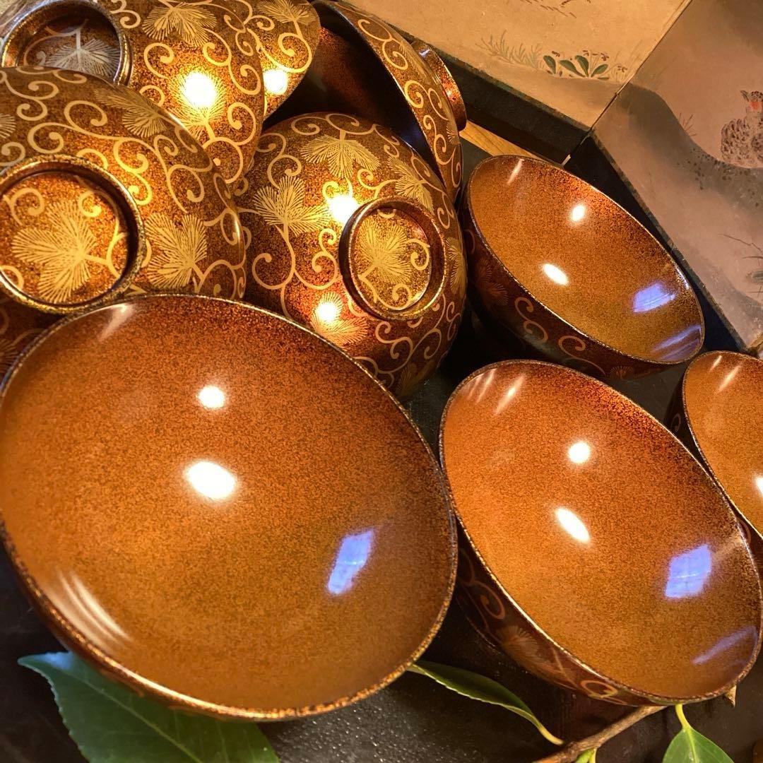 A1033 木製輪島塗　懐石道具　総梨地　松葉唐草　蒔絵　吸物椀　　5客