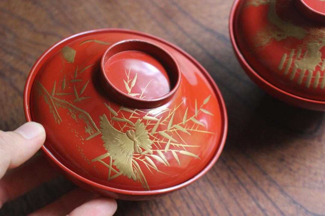 絵柄選択可！時代朱漆に優美な絵替風物蒔絵の映えるお椀7点（検輪島塗蒔絵椀