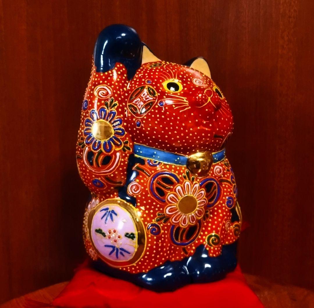 【マメルリハ様】九谷焼 招き猫 三毛盛り 10号＆赤盛７号座布団付き