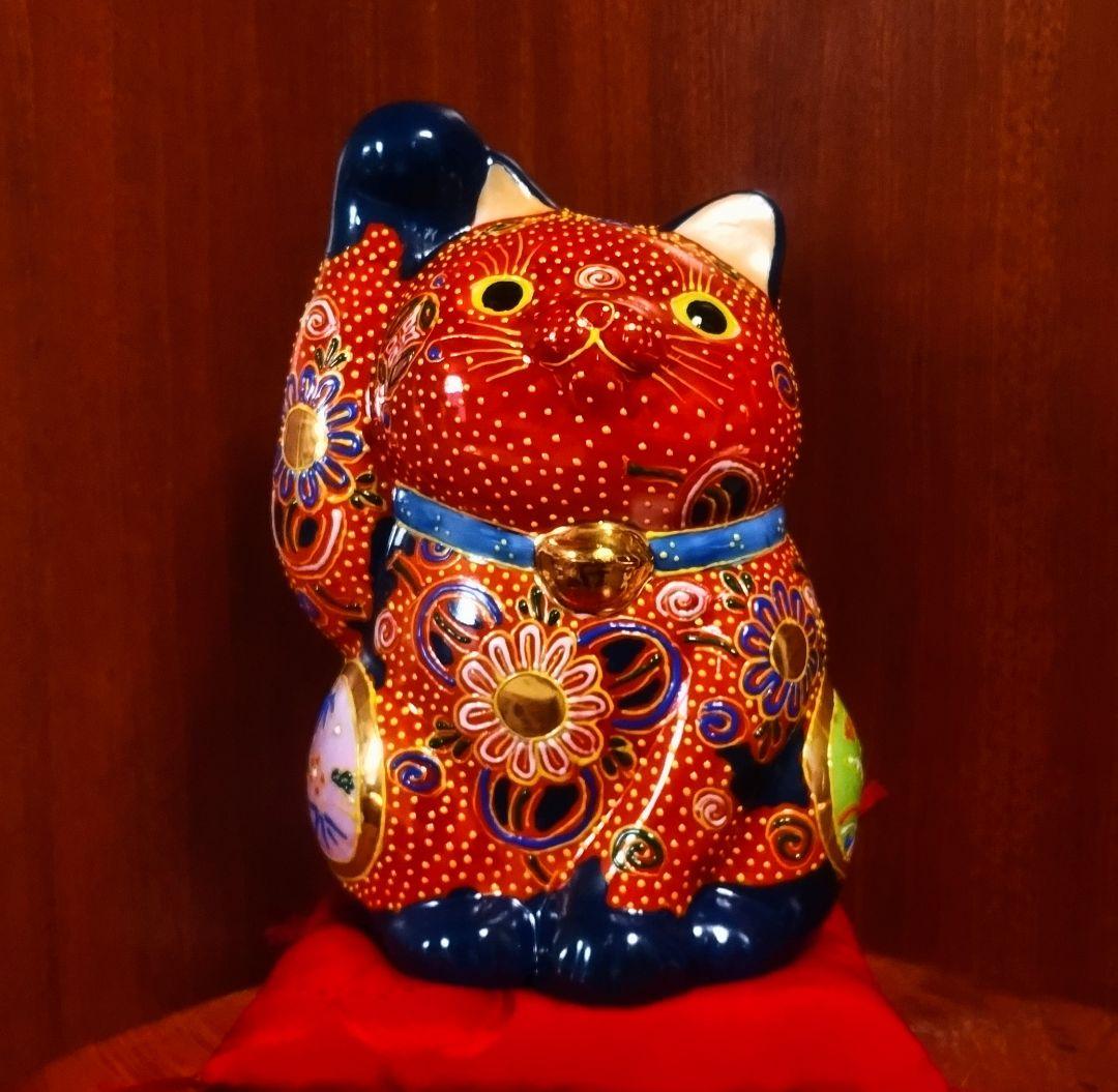 【マメルリハ様】九谷焼 招き猫 三毛盛り 10号＆赤盛７号座布団付き