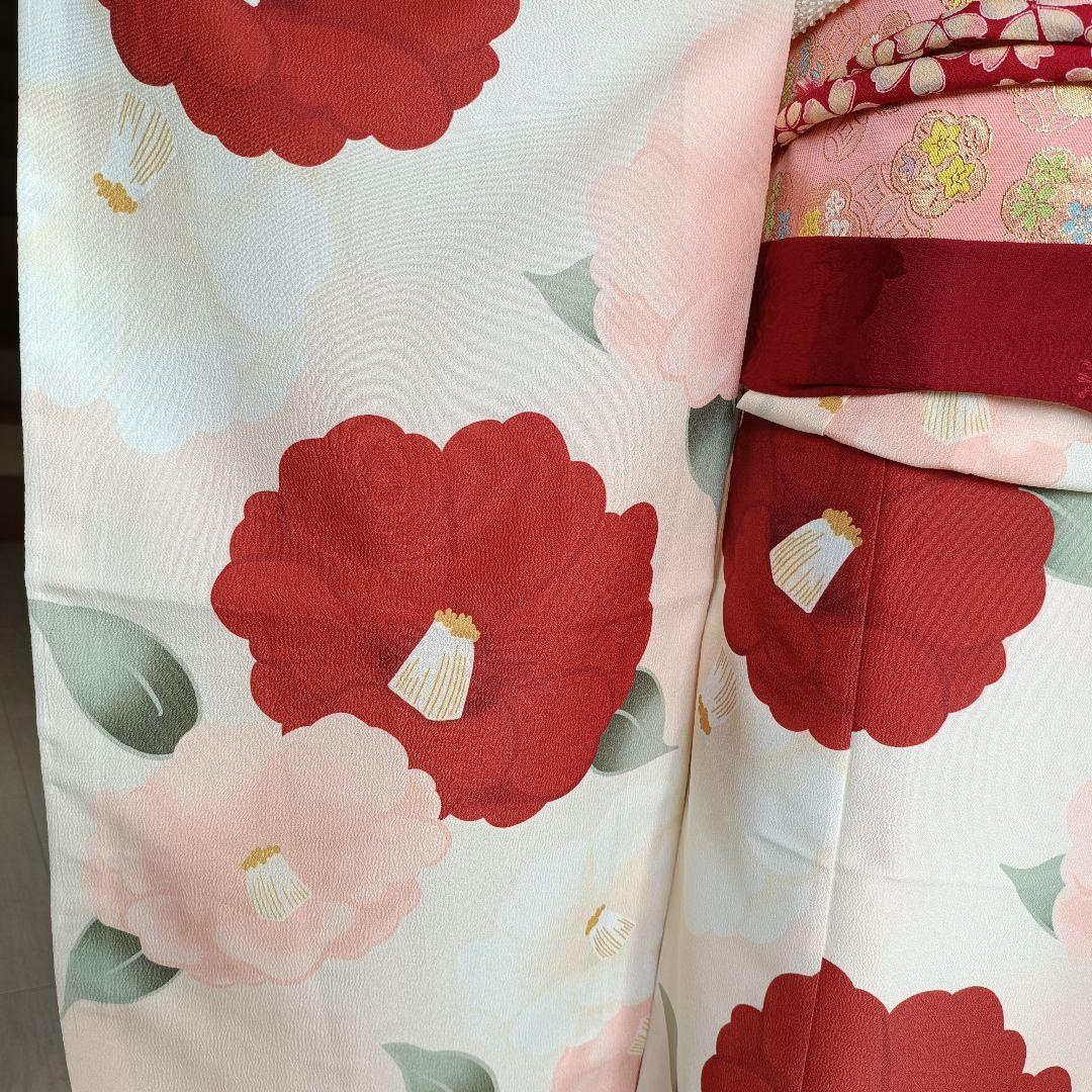 新品☆クリーム色に大きな椿の花模様が素敵な着物に作り帯☆七五三フルセット