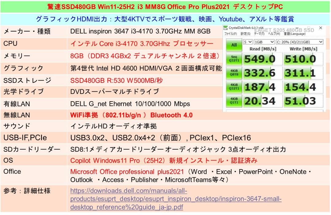 驚速完全【整備済み品】 SSD480G M8G Win11 Offiビジネス
