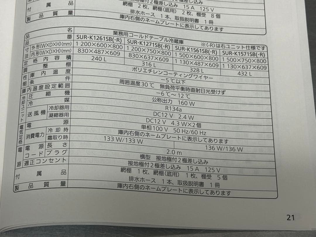 値下げ　2023年5月購入パナソニック業務用台下冷蔵庫SUR-K1261S