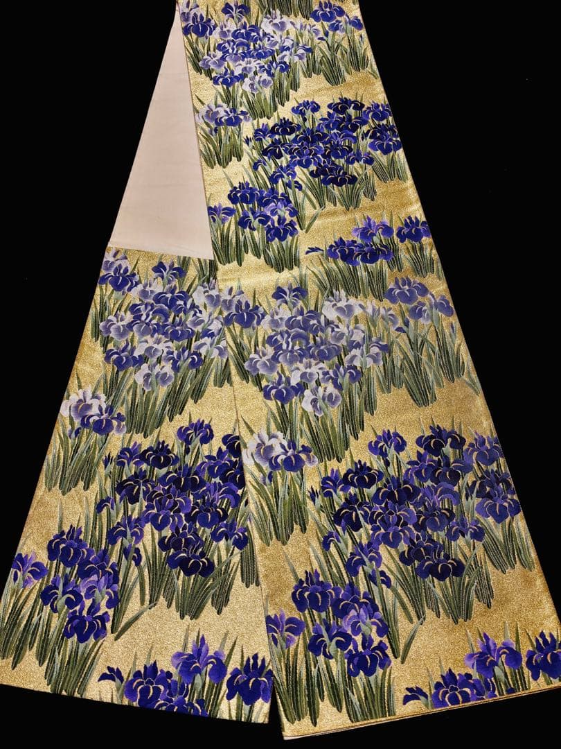 【美品】袋帯 本金箔細密織 琳派紫菖蒲 キラキラ 六通