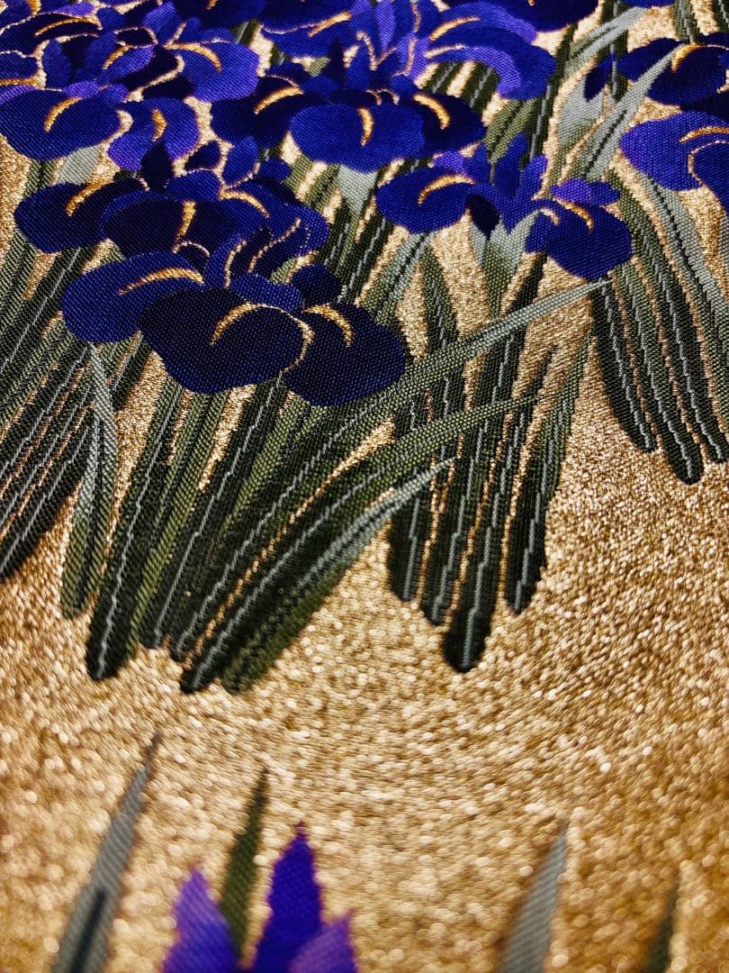 【美品】袋帯 本金箔細密織 琳派紫菖蒲 キラキラ 六通