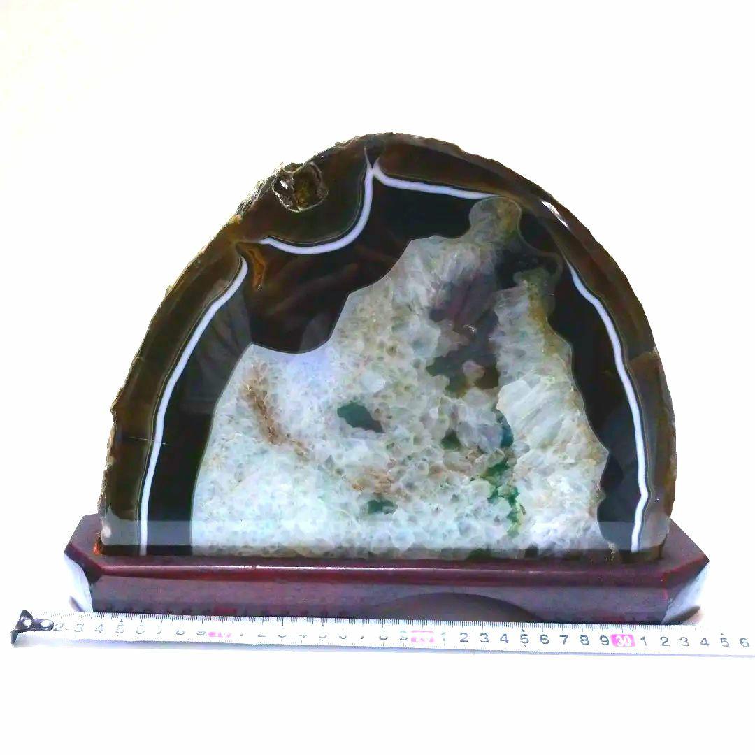 天然石の置物 半円形 木製台座付き