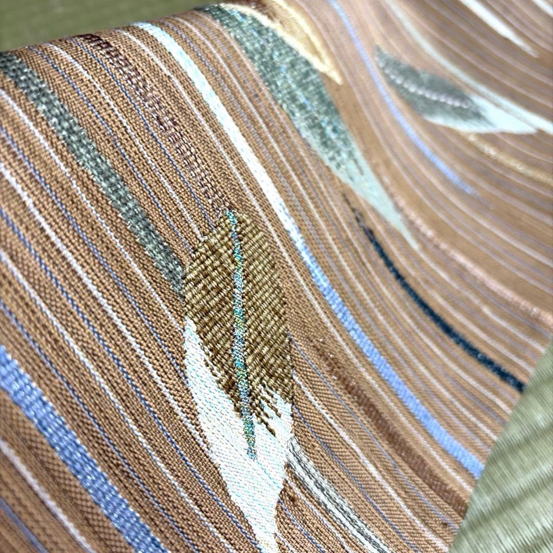 正絹　紬　袋帯《縞　葉模様》