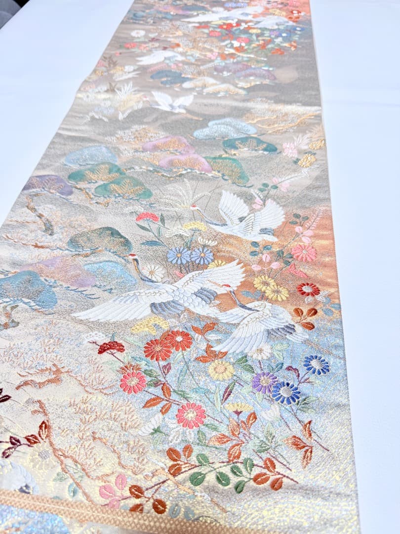 高級 袋帯 正絹 六通柄 九百錦 シャンパンゴールド 唐織 丹頂鶴 訪問着