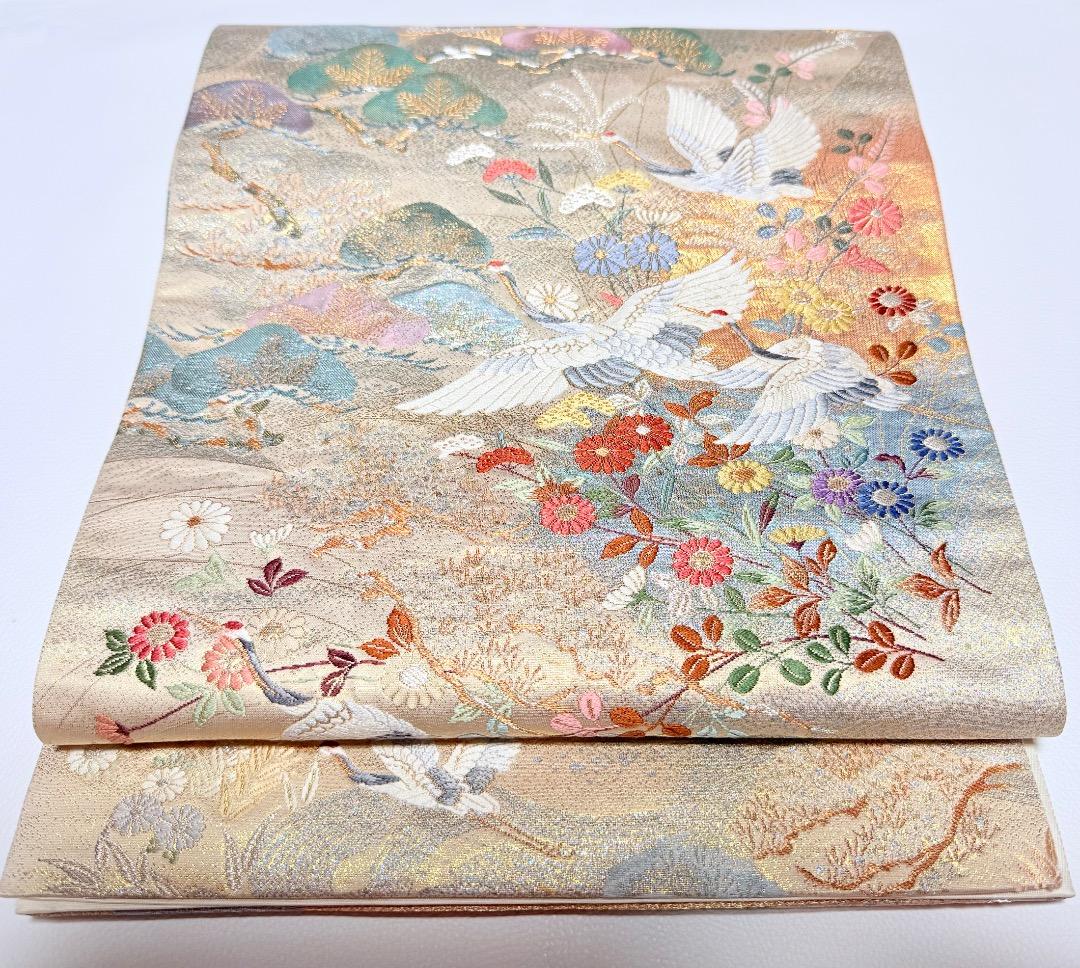 高級 袋帯 正絹 六通柄 九百錦 シャンパンゴールド 唐織 丹頂鶴 訪問着