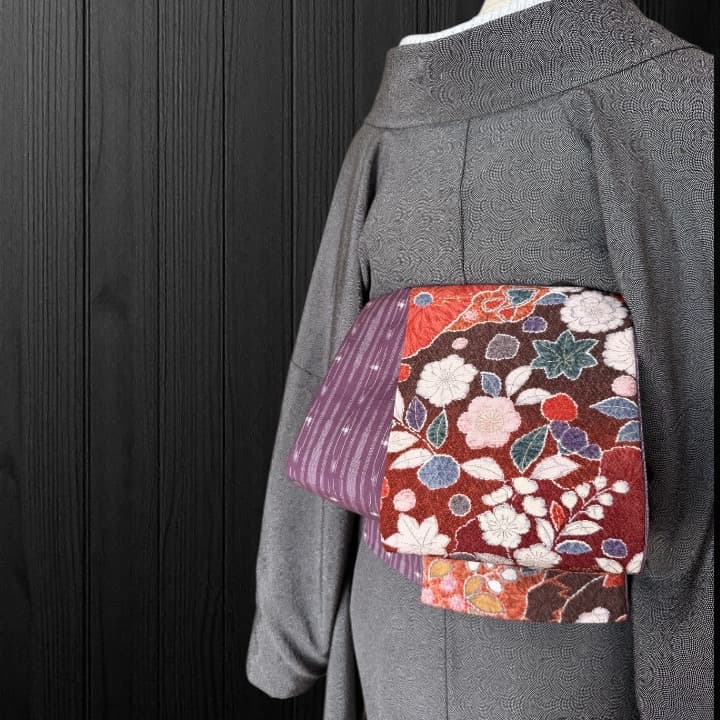 *着物反物*　辻ヶ花と灰紫紬　大人の兵児帯　半幅帯　長尺460cm