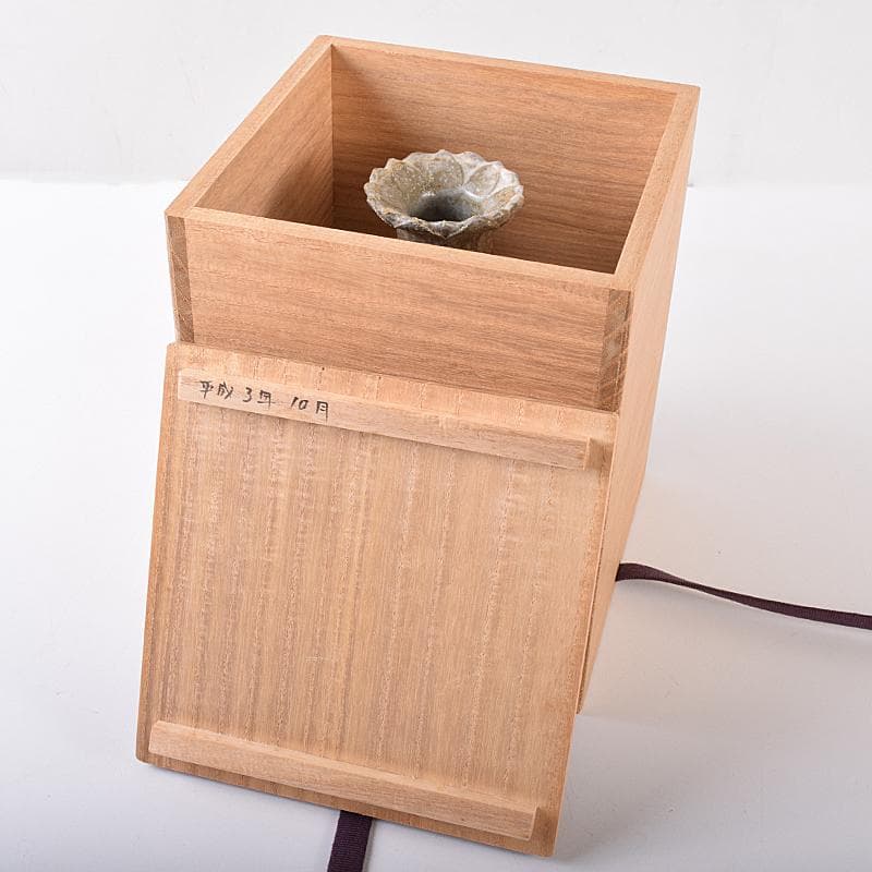 萬古焼　山本広巳作　輪花口　八角花入　共布共箱　V　R7981