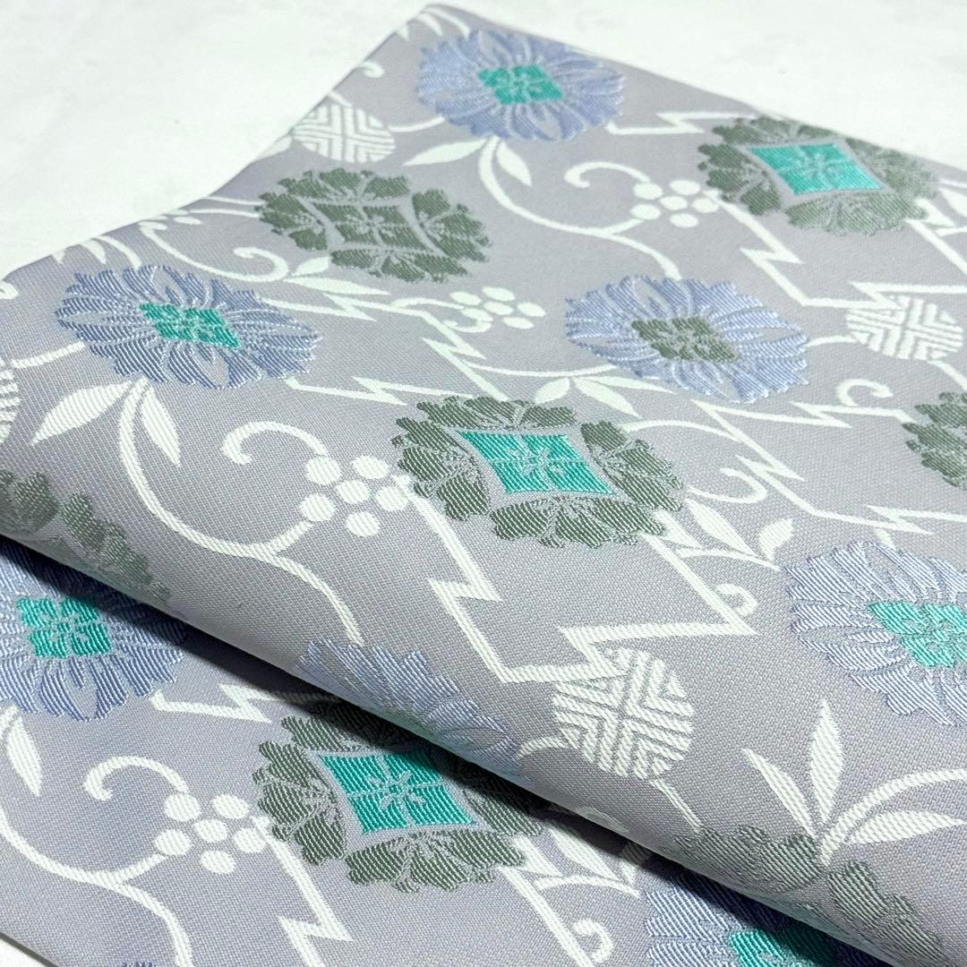 【名古屋帯】　青藤色　松皮菱　花菱　刺繍　笹蔓　正絹 爽やか　シック　お上品　K