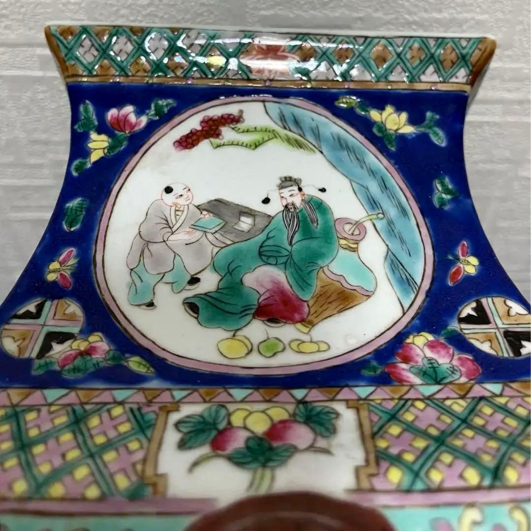 中国 粉彩 色絵 花鳥人物図 双耳四方瓶 古玩 古美術