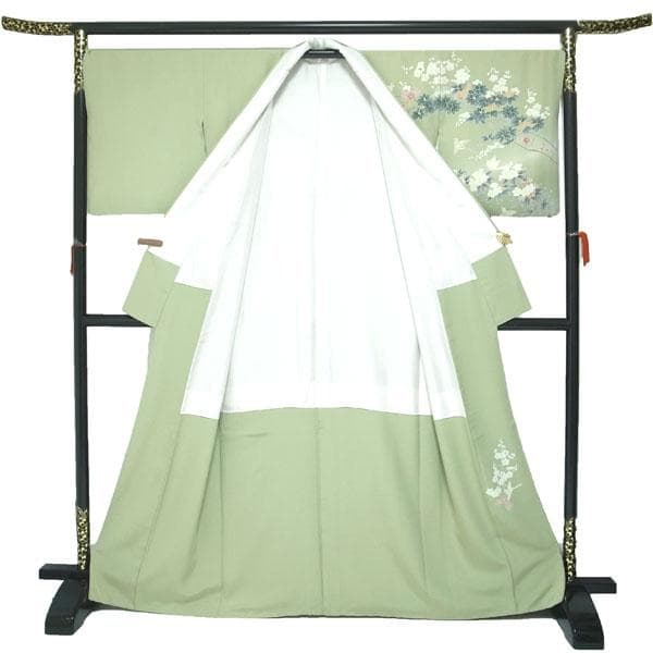 訪問着 着物 袷 手描き友禅 淡鶯色 梅 松 鳥 裄69 Ｌ 中古 sn1800