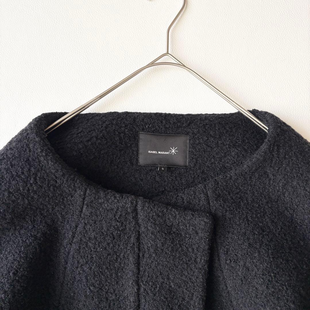 2953y美品　イザベルマラン　ノーカラーボアロングコート　黒