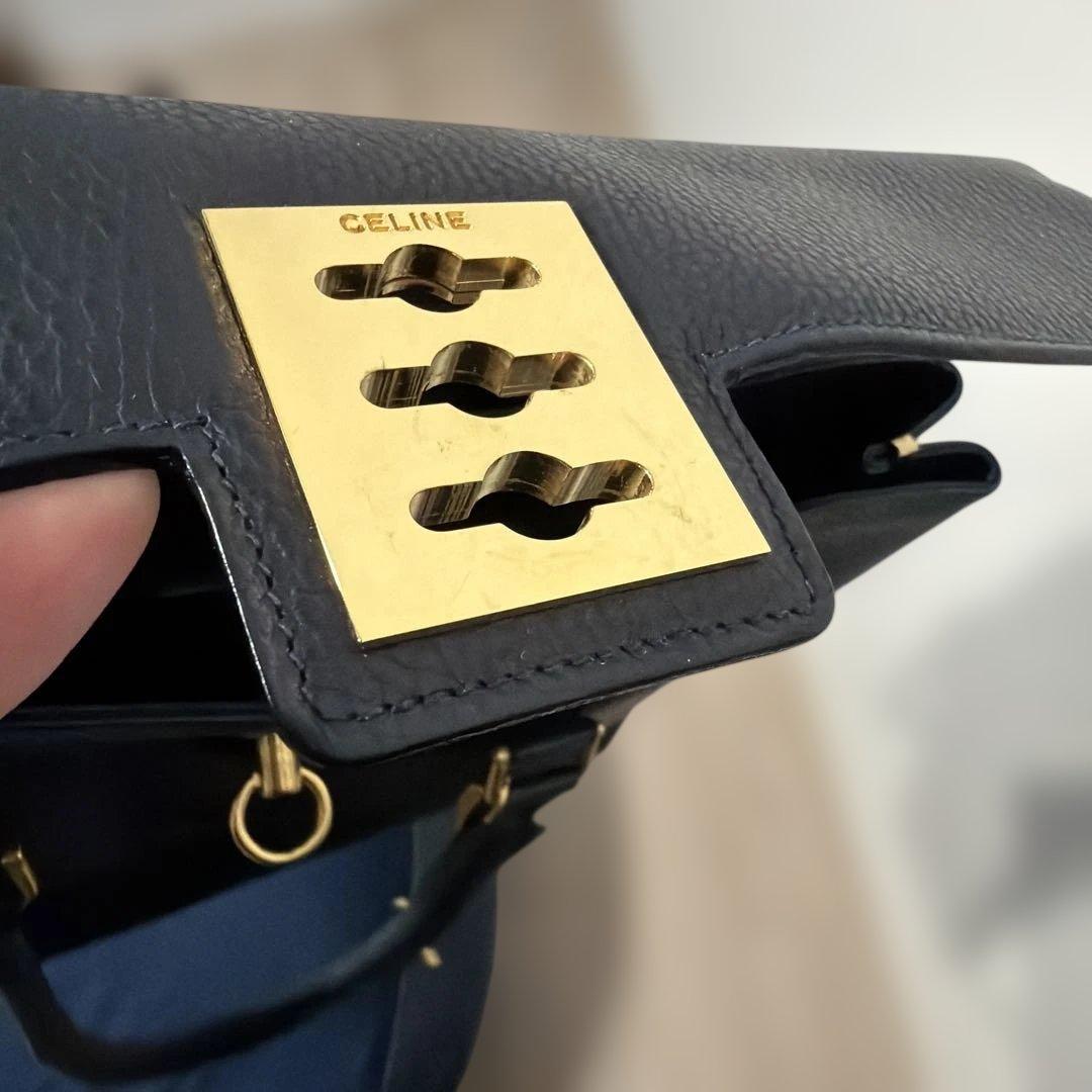 CELINE マンテル ハンドバッグ レザー ネイビー　ヴィンテージ　セリーヌ