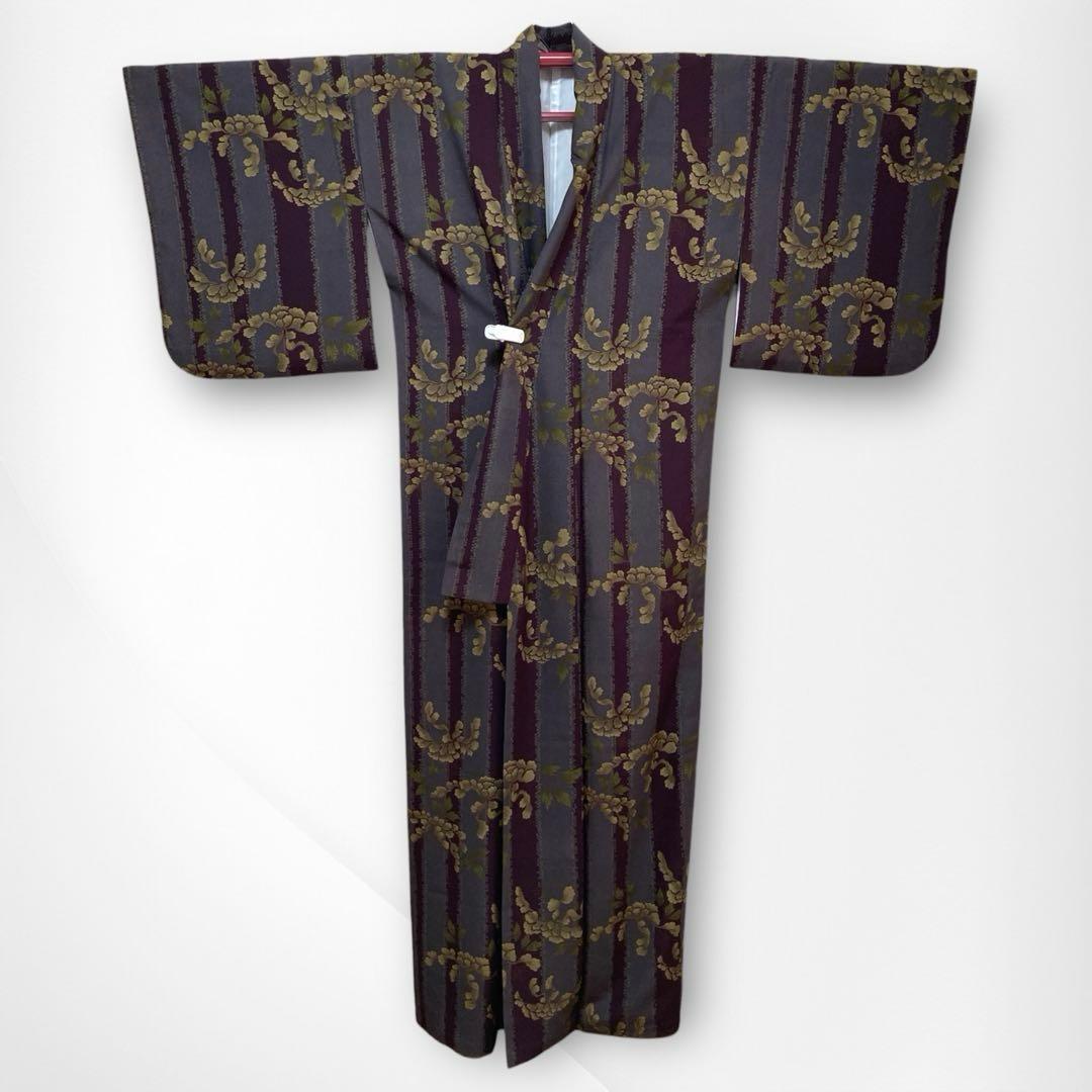 【美品✨】撫松庵　洗える着物　小紋　牡丹　縦縞　灰紫　灰青紫　アンティーク調I3