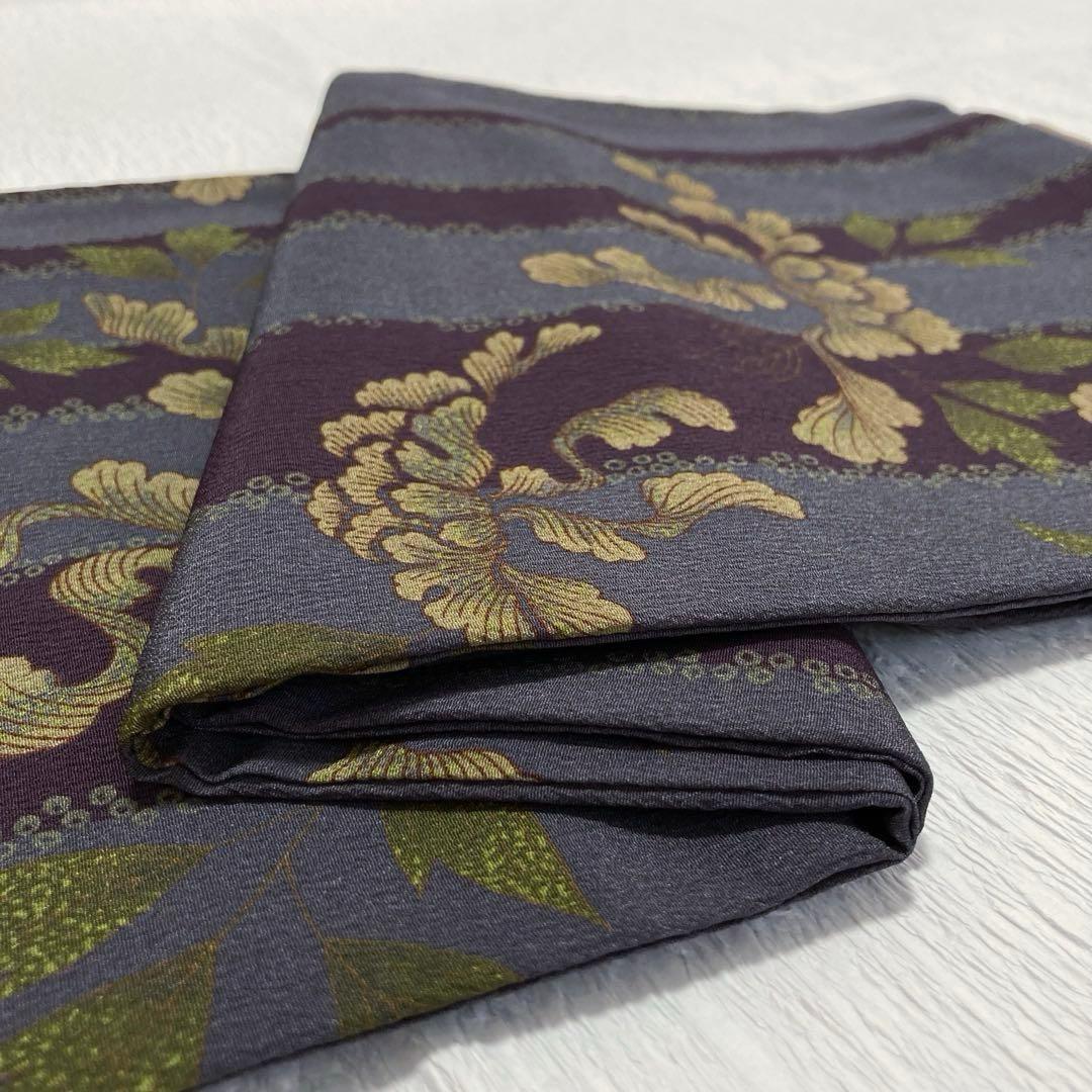 【美品✨】撫松庵　洗える着物　小紋　牡丹　縦縞　灰紫　灰青紫　アンティーク調I3