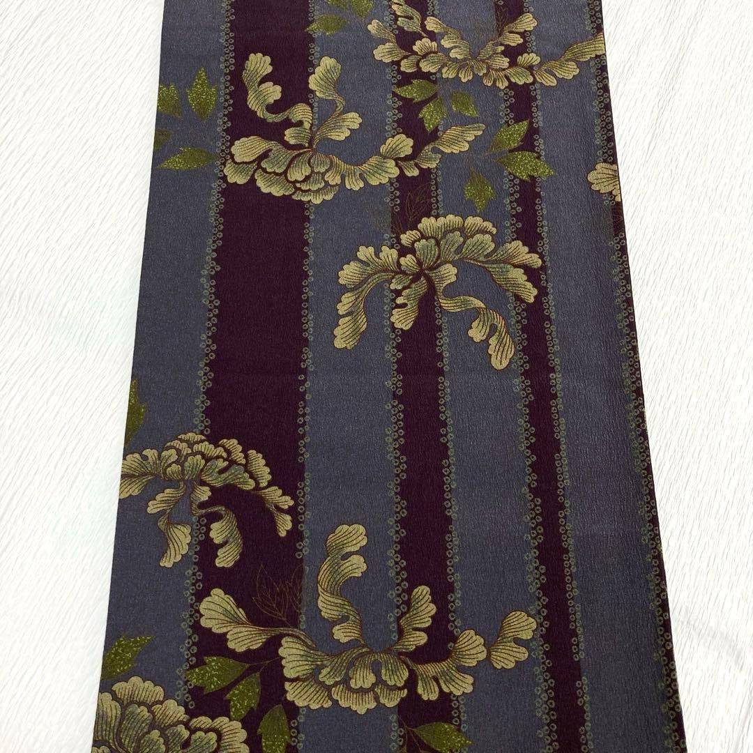 【美品✨】撫松庵　洗える着物　小紋　牡丹　縦縞　灰紫　灰青紫　アンティーク調I3