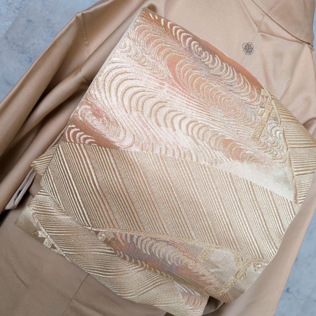 訪問着　フルセット　着物　正絹　ゴールドベージュ　Sサイズ　花　しつけ糸金　C1