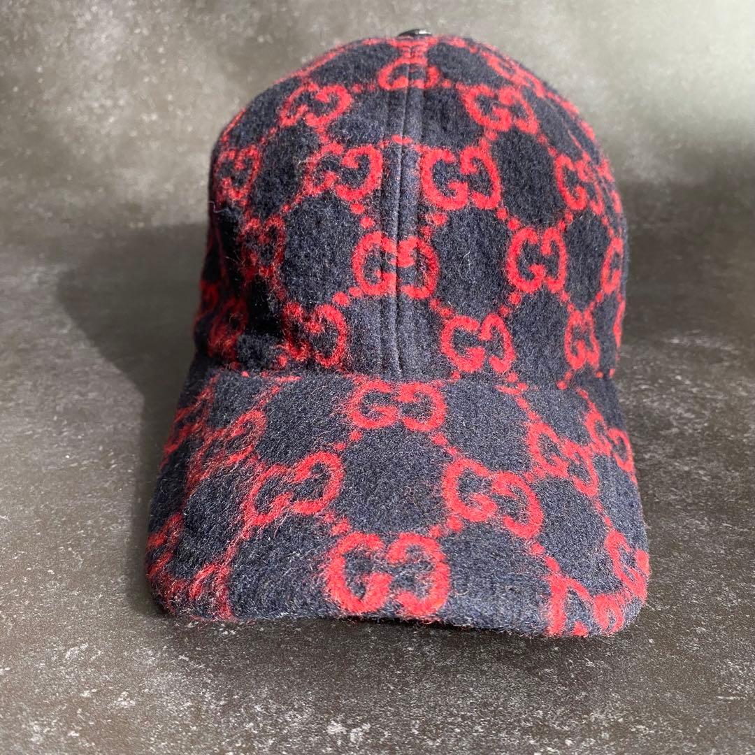 希少　グッチ　GUCCI　ベースボールキャップ　帽子　GG柄　ウール　黒　赤