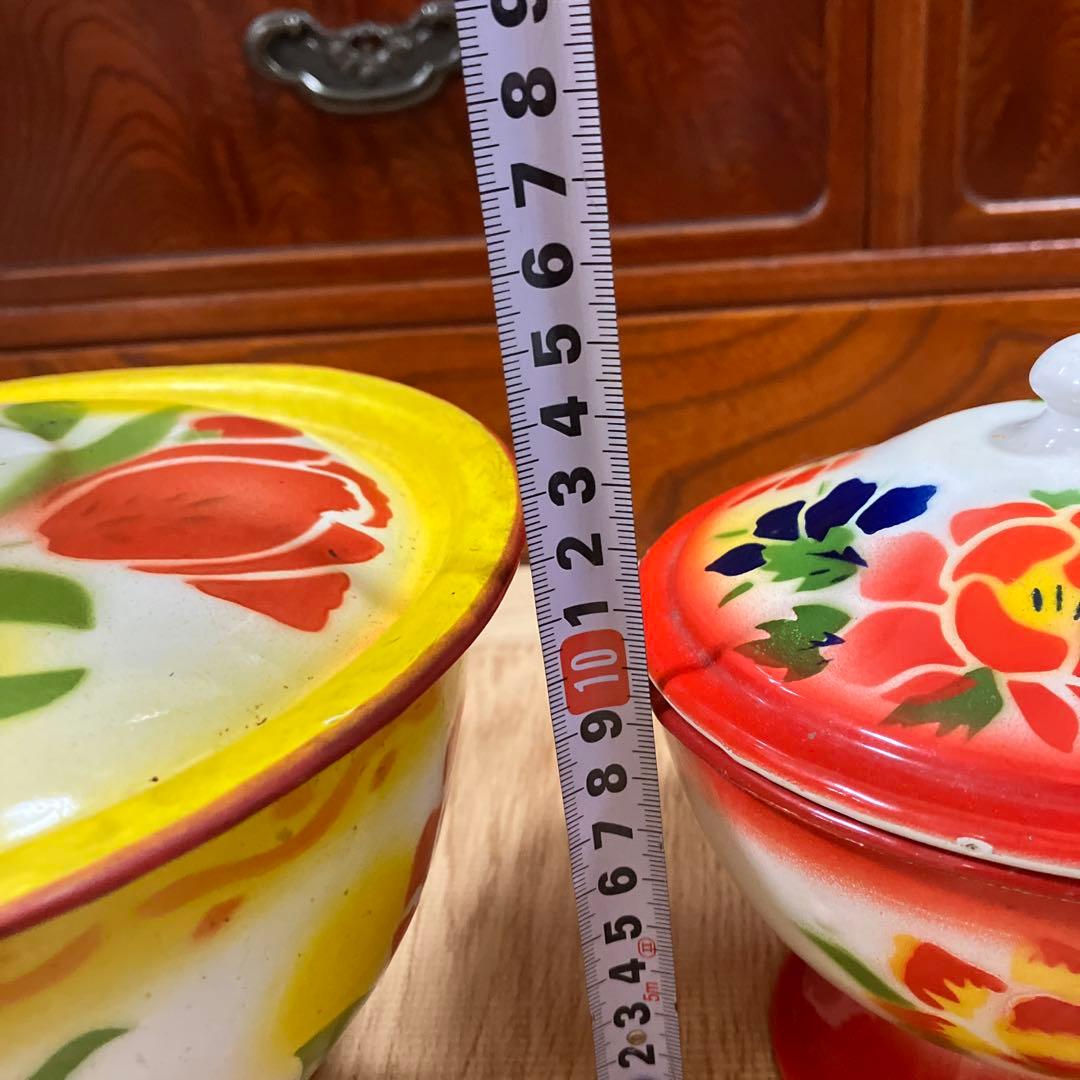 花柄ボウルセット 蓋付き 大中　ホーロー　アンティーク　ビンテージ