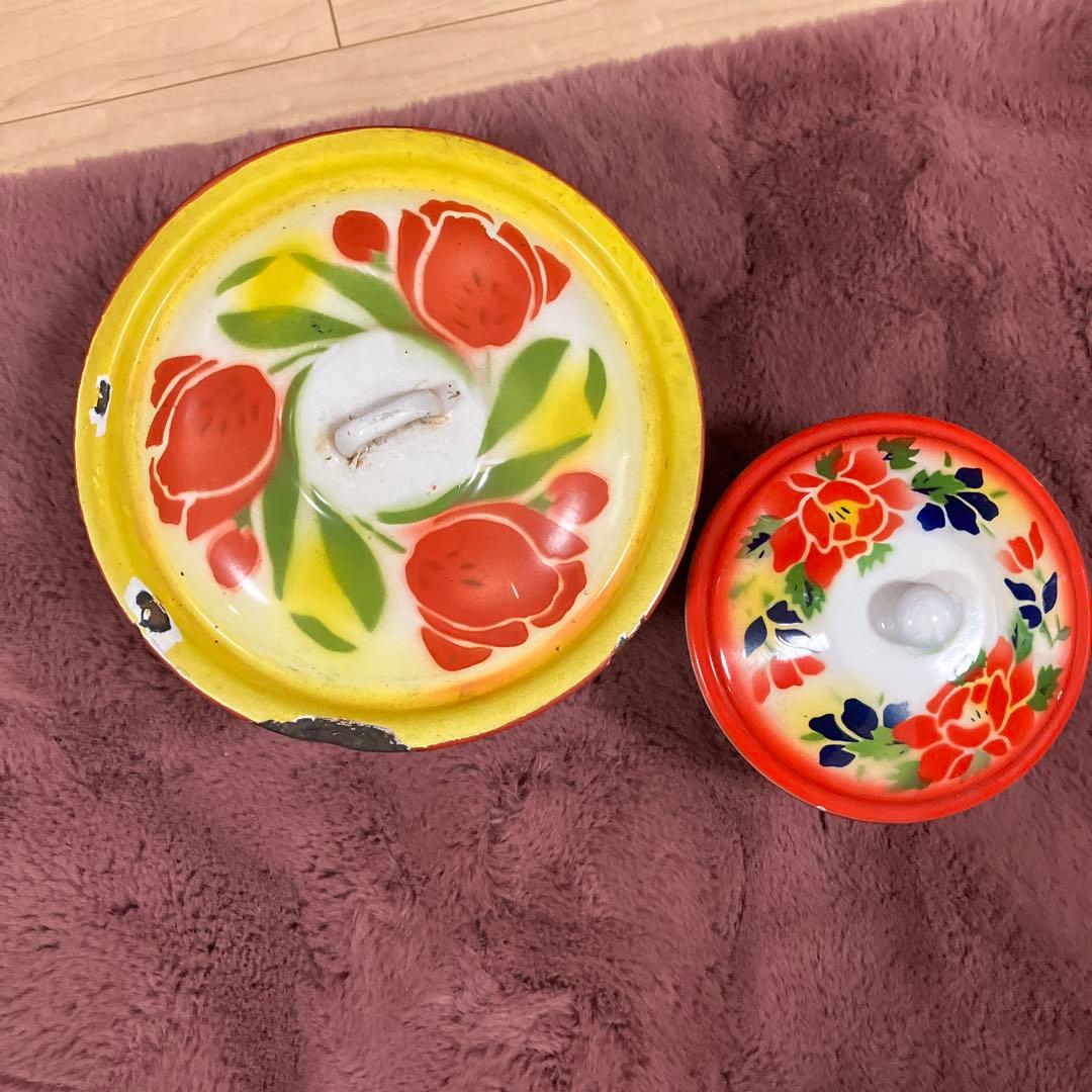 花柄ボウルセット 蓋付き 大中　ホーロー　アンティーク　ビンテージ