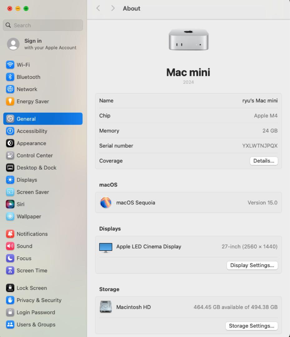 Mac mini M4　メモリ24GB　SSD512GB