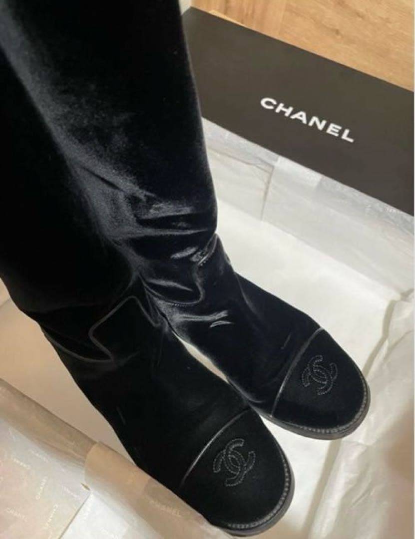 専用◇CHANELシャネルロングブーツベルベットベロアレザーCCロゴ黒本革37