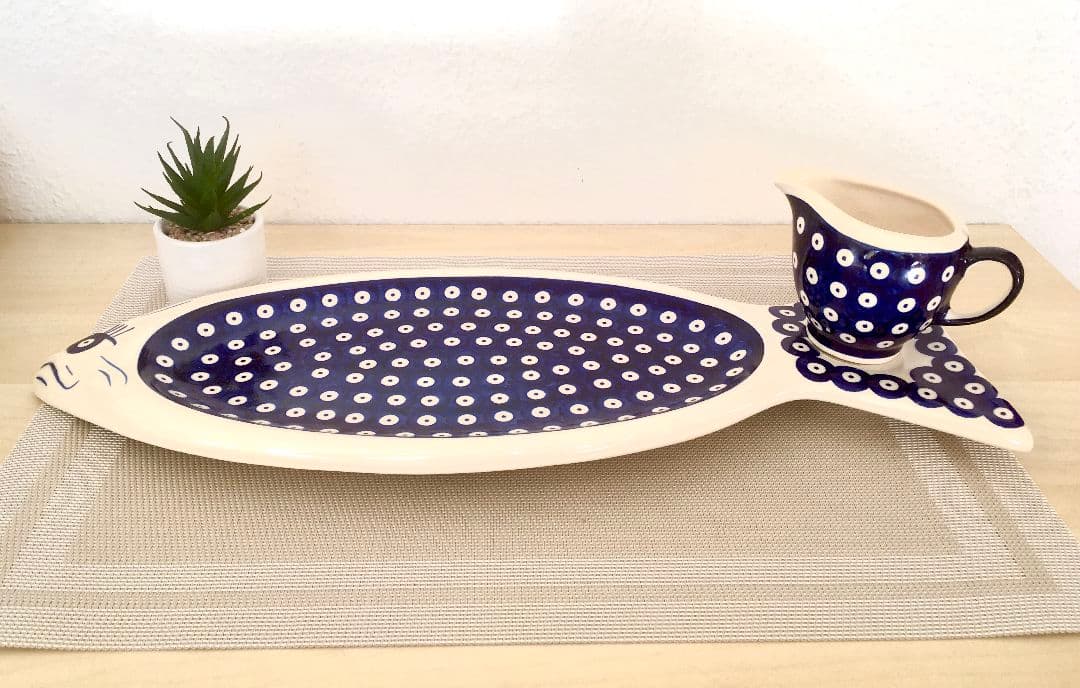 新品　ポーランド食器　魚大皿　ピーコックアイ　ソースポット　ポーリッシュポタリー