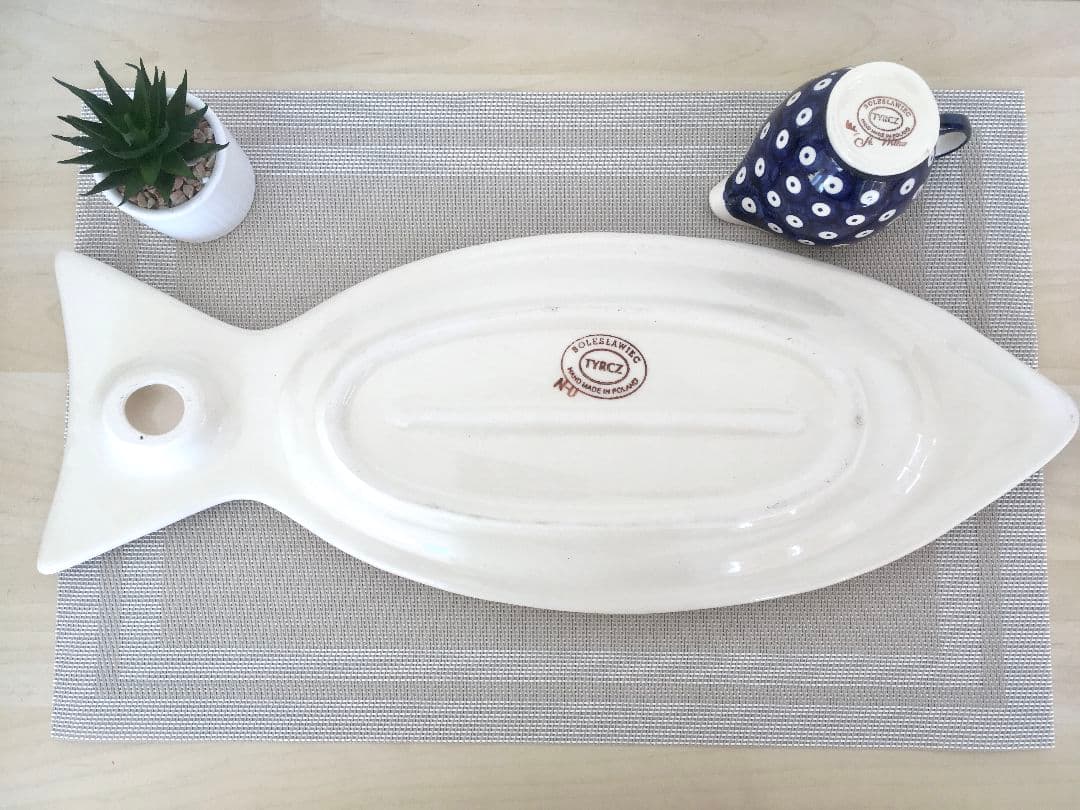 新品　ポーランド食器　魚大皿　ピーコックアイ　ソースポット　ポーリッシュポタリー