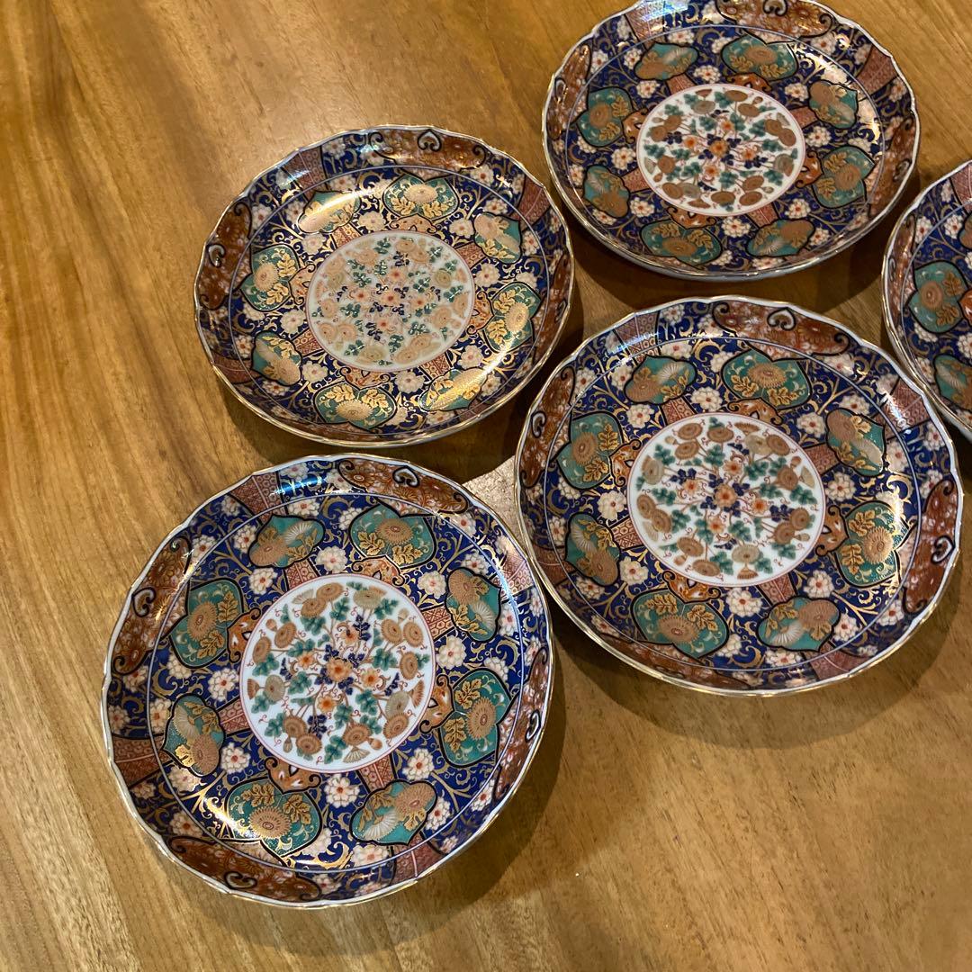 陣山窯　金襴手　金彩菊紋　和皿揃　5枚　中皿　古伊万里　色絵