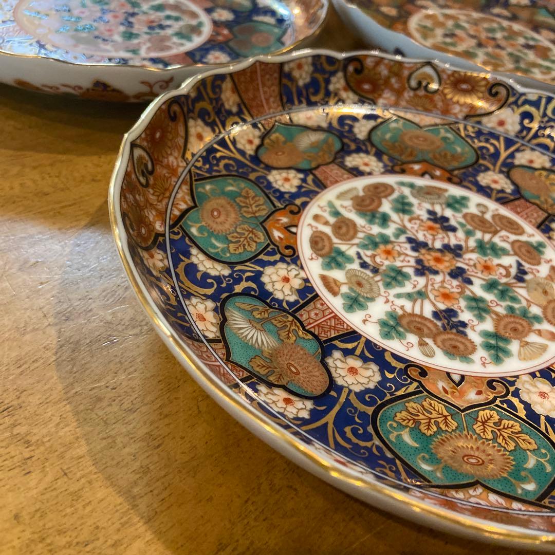 陣山窯　金襴手　金彩菊紋　和皿揃　5枚　中皿　古伊万里　色絵