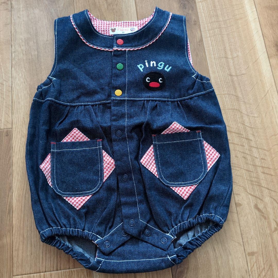 90サイズ　ピングー　フード付Ｔシャツ・デニムカバーオールセット　PINGU