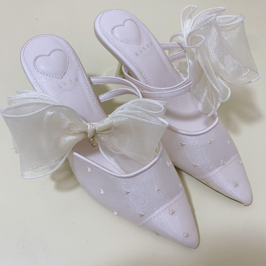 RANDA シフォンリボンハートミュールパンプス アイボリー　Sサイズ